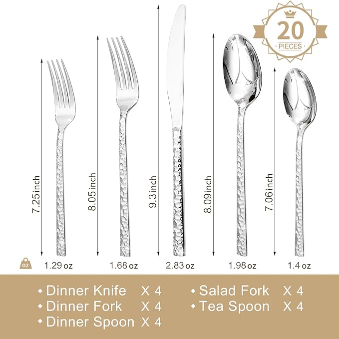 KINGSTONE 20 Piece Hammered Silverware Set, 18/10 Stainless Steel Flatware Set for 4, Cutlery Set for Home, Party, Wedding, Mirror Polished Dishwasher Safe-Ruum Studio Home