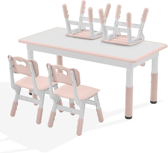 Kids Study Table and Chairs Set, Height Adjustable Toddler Table and Chair Set for Kids Ages 3-8, Graffiti Desktop Plastic Children Art Table with 4 Seats, Lovely Pink-Ruum Studio Home