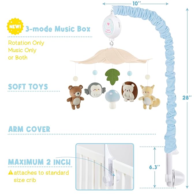 Woodland Crib Mobile – Forest Animals Baby Mobile for Crib with Upgraded 3-Mode Music Box, Blue Nursery Mobiles for Boys & Girls, Fits Standard Cribs, Forest Nursery Decor-Ruum Studio Home