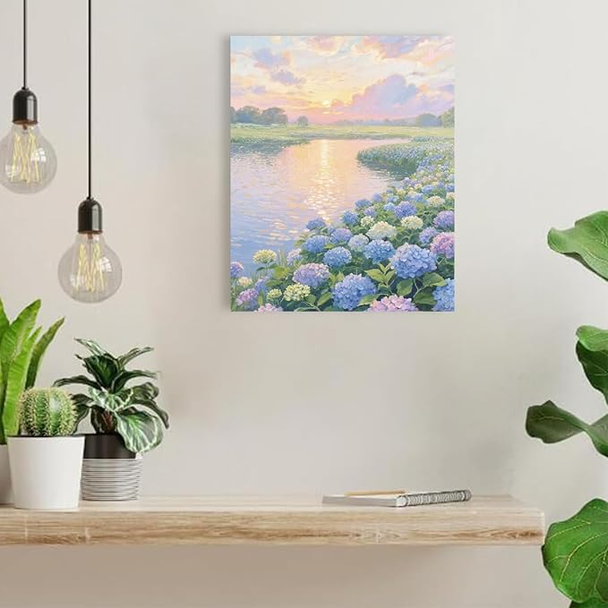 The hydrangea scenery all over the lake at sunset is suitable for posting in the living room bedroom office landscape poster wall painting-Ruum Studio Home
