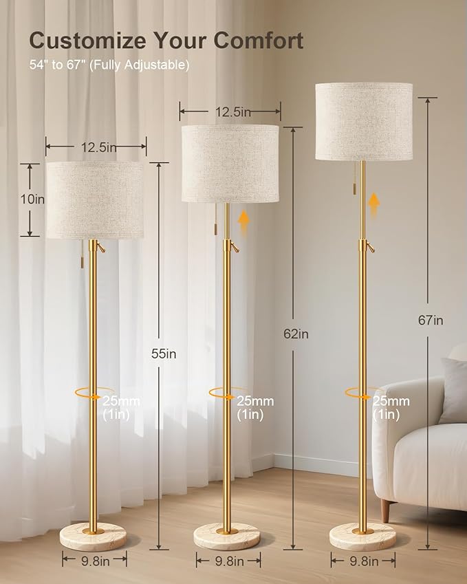 Modern Gold Floor Lamp for Living Room - Adjustable Height Standing Lamp with Marble Base & Linen Shade, 3-Way Dimmable Tall Floor Light for Bedroom, Reading, Bulb Included-Ruum Studio Home