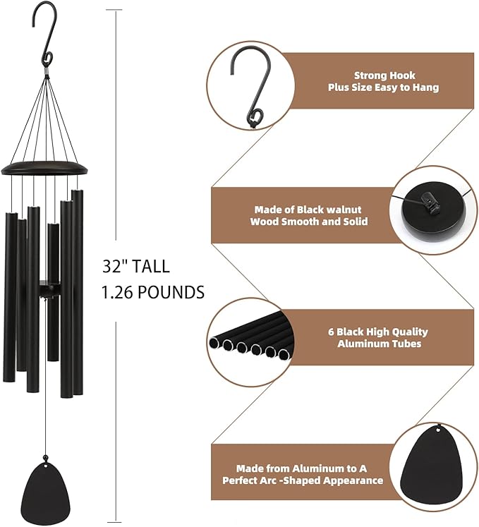Wind-Chimes-Outdoor-Large-Decor, Deep Tone Soothing Melodic Tones Windchimes, Wind Chimes for Outside, Memorial Wind Chime Best Gift for Mom Women Grandma Neighbors（32" Black）-Ruum Studio Home