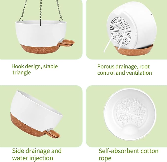 2 Pack Hanging Planters for Indoor Outdoor Plants, 12 Inch Self Watering Hanging Pot with Drainage Holes and Saucer, Plastic Plant Pots, White Brown Flower Pots for Kitchen, Balcony, Garden-Ruum Studio Home