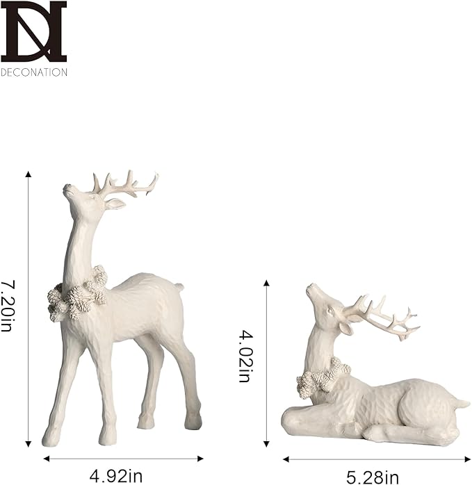 DN DECONATION 2pcs White Christmas Reindeer Statue, Indoor Reindeer Decor, Tabletop Resin Deer Figurine-Ruum Studio Home