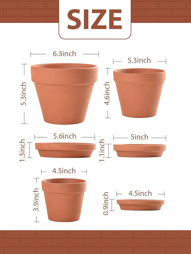 INGOFIN Terracotta Pots Set with Saucer - 5/6/7 inch Ceramic Clay Planters with Drainage Hole, Garden Flower Succulent Pots with Tray for Indoor Outdoor Plants, Set of 3-Ruum Studio Home
