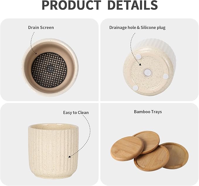 TAMAYKIM 4 Inch Ceramic Plant Pots with Drainage Holes, Modern Flower Planter with Saucer for Indoor Plants, Succulent, Cactus & Herbs, Beige, Set of 4 (Plants Not Included)-Ruum Studio Home