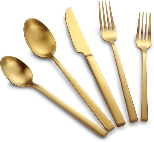 Stainless Steel Flatware Set Hand Forged 18/10 Silverware Set Cutlery Set Gold Cuboid Handle Matte Finished 40 Pieces Service for 8-Ruum Studio Home