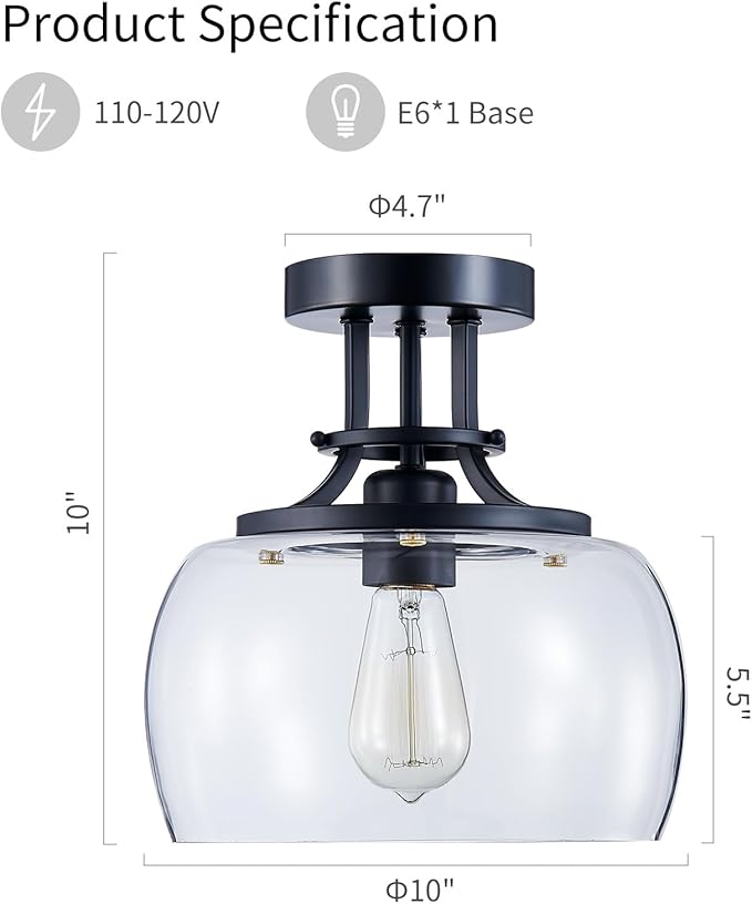 WUZUPS Chandelier Rustic Farmhouse Industrial Round Semi-flushmount Ceiling LED Light Fixture with Clear Glass Shades for Bathroom Kitchen Foyer Entryway, H 10" x W 10", E26 Base, Black-Ruum Studio Home