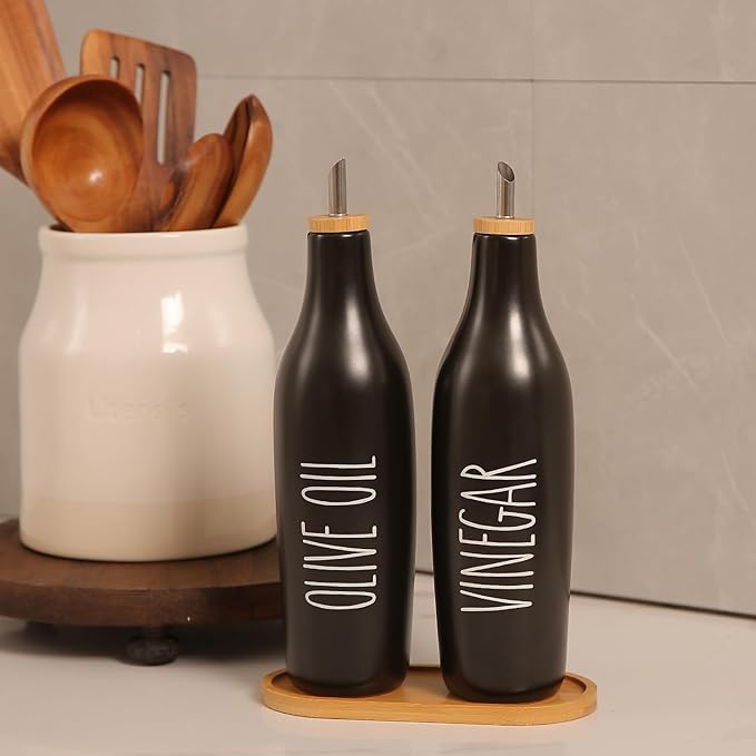 HOMCDALY Olive Oil and Vinegar Dispenser Set, Ceramic Oil and Vinegar Bottles with Bamboo Tray, 16.9oz Kitchen Cruet - Set of 2 - Black-Ruum Studio Home