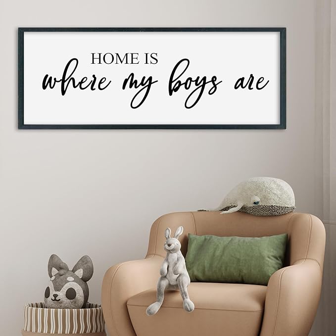 SRSZHIYUE Home Is Where My Boys Are Sign Wall Art Decor 40"×15" for Family Bedroom Large Wood Framed Wall Hanging (Black)-Ruum Studio Home