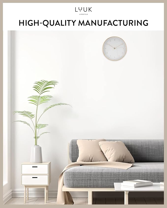 LUUK LIFESTYLE Silent Quartz Wall Clock, Nordic and Minimalist Design, Interior Decoration for Living Room, Kitchen, Bedroom, White and Gold-Ruum Studio Home