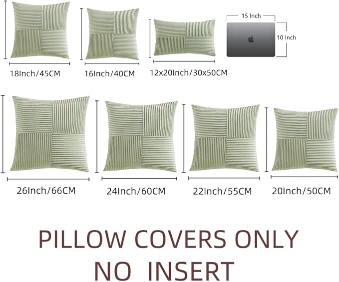 Fancy Homi 2 Packs Sage Green Euro Decorative Throw Pillow Covers 28x28 Inch for Bedroom Couch Bed, Farmhouse Boho Home Decor, Soft Corss Corduroy Patchwork Textured Square Cushion Case 71x71 cm-Ruum Studio Home