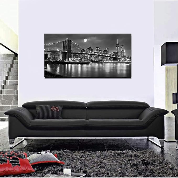 LevvArts - Black and White New York Picture Brooklyn Bridge Canvas Wall Art Full Moon Night Manhattan City Poster Canvas Print Framed Gallery Wrapped Modern Home Office Decoration-Ruum Studio Home