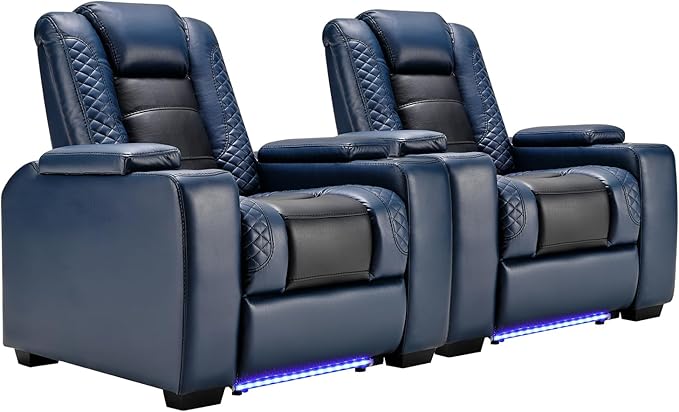 ANJ Power Home Theater Seating Set of 2, Blue Faux Leather Electric Recliner Chair with Powered Headrest, Dual Motors Movie Reclining Chairs with LED Lights,USB Port,Cup Holders, Hidden Arm Storage-Ruum Studio Home