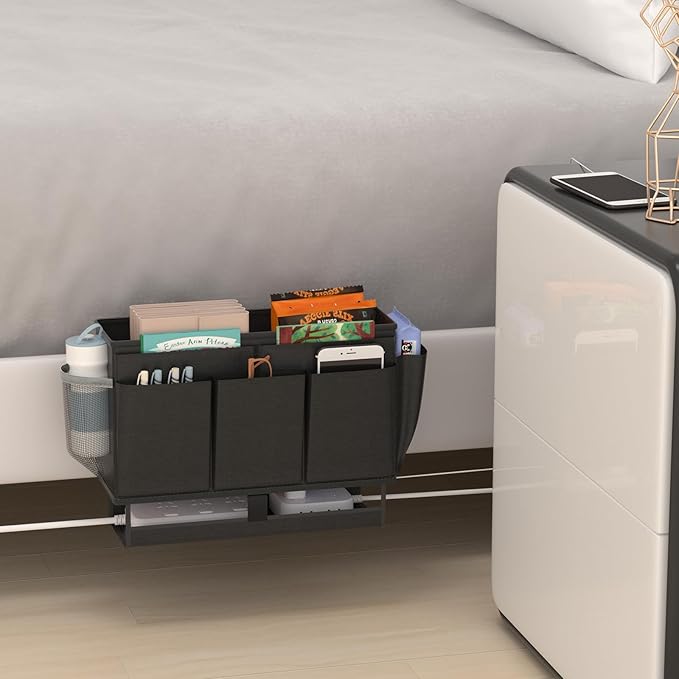 Bedside Caddy, Bed Organizer with 11 Pockets and Power Strip Holder,Versatile Bedside Storage Caddy for Home,Dorm,Bunk,Hospital,Crib Bed (Black)-Ruum Studio Home