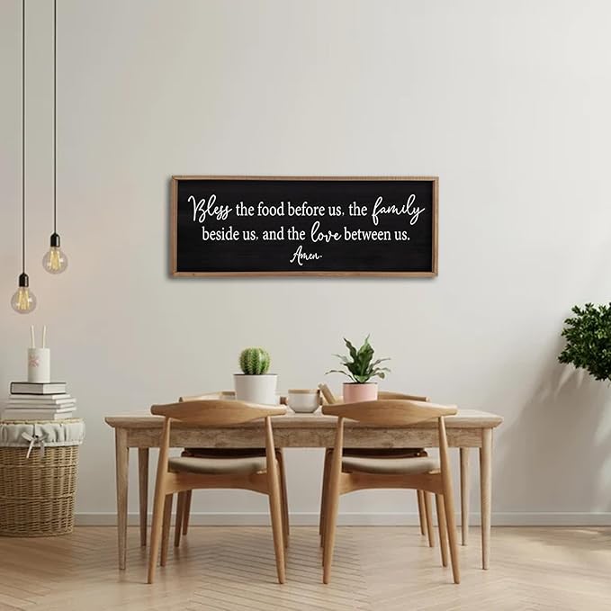 Bless the Food Before Us Sign Wall Decor 40"X15" Large Farmhouse Dining Room Wall Decor Framed Wood Rustic Home Wall Art Kitchen Decoration (Wood Black)-Ruum Studio Home