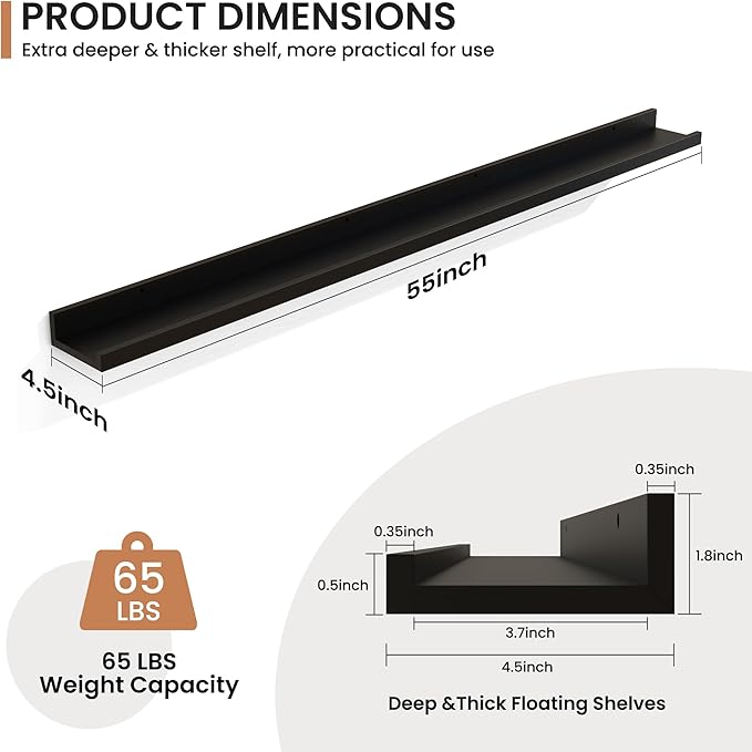 Fun Memories Picture Ledge Shelves Set of 2, 55 Inch Rustic Wall Mounted Floating Shelves with Lip for Home Storage and Décor in Bathroom, Kitchen, Nursery, Bedroom, Living Room, Black-Ruum Studio Home