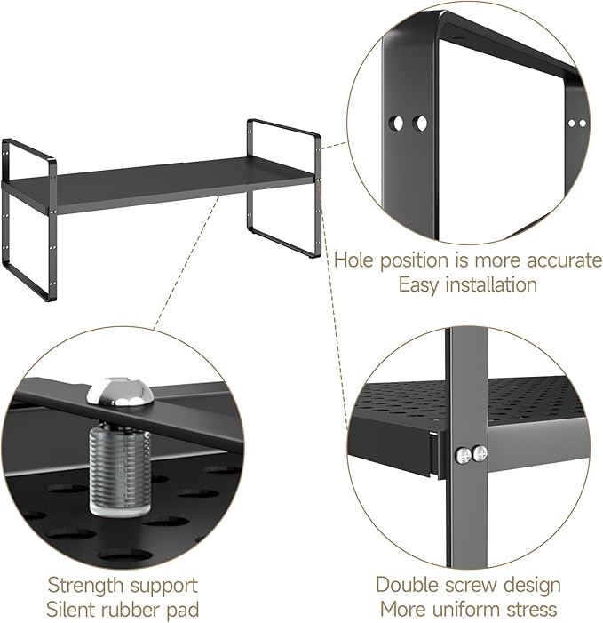 Hole Pattern Expandable Shelf Organizer,1Pack 10.2" Wide Easy to Assemble Cabinet Organizer Shelf, 16.5~27.1" Adjustable Height&Stackable Spice Organization for Cupboard, Black-Ruum Studio Home