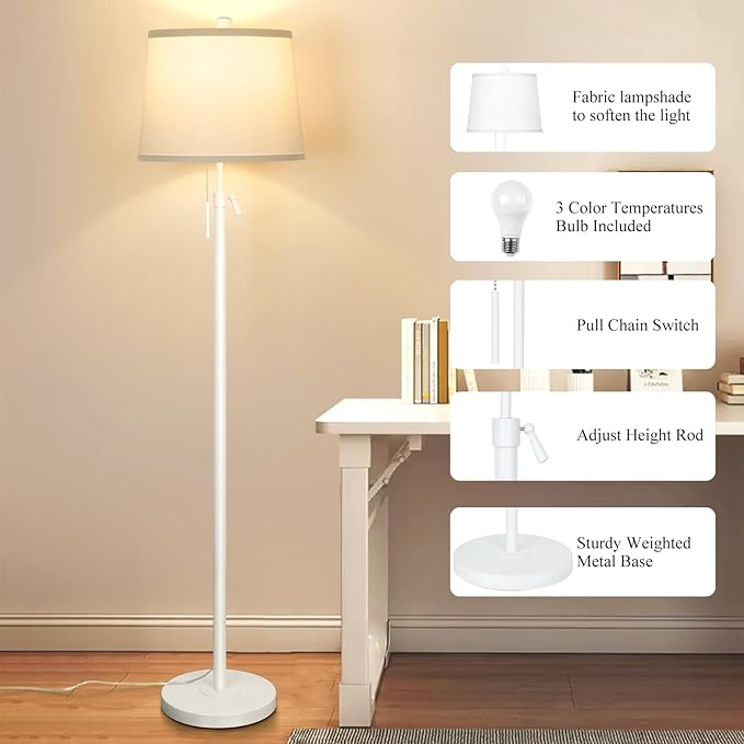 White Floor Lamp for Living Room 55-65" Adjustable Height Modern Standing Lamp with Pull Chain Tall Pole Light with White Shade for Bedroom Reading Office Corner Nursery 9W LED Bulb Included 3 Color-Ruum Studio Home