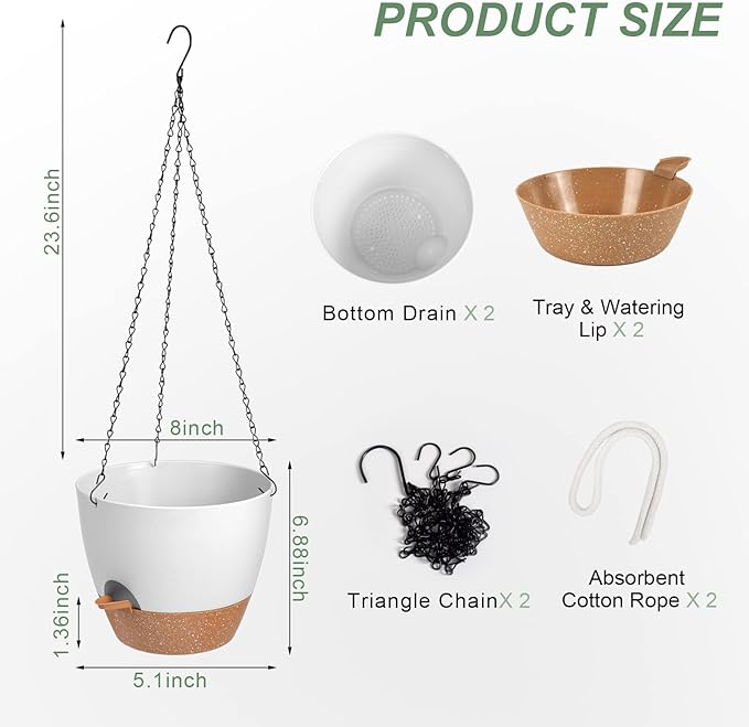 Hanging Planters for Indoor Outdoor Plants, 2 Pack Self Watering Hanging Pot with Drainage Holes & Removable Tray (White, 8'')-Ruum Studio Home