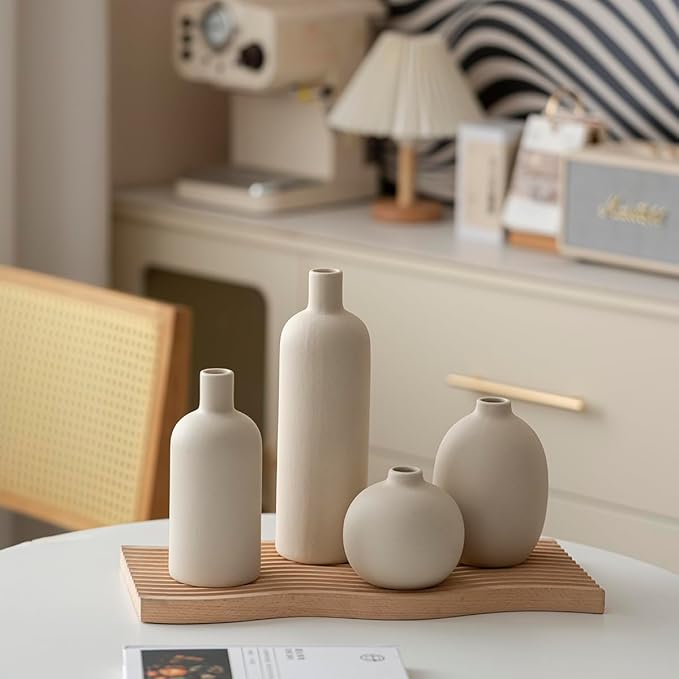 Modern Ceramic Vase Set, Neutral Colors, Decorative Vases for Home Decor, 4 Piece Collection (Beige)-Ruum Studio Home