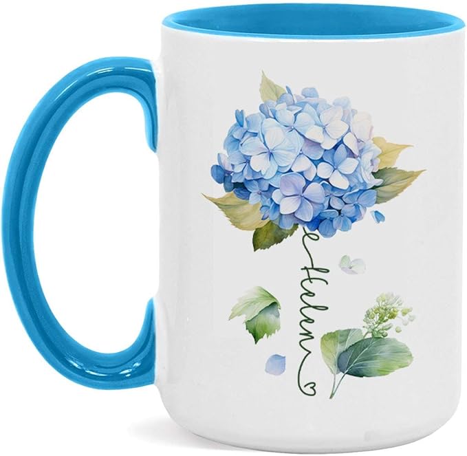 Custom Hydrangea Blossom Design Mug, Personalized Name Blue Flower Coffee Cup, Customized Flower Ceramic Mug For Floral Lover, Hydrangea Decorative Cup 11oz Or 15oz, Gift For Birthday-Ruum Studio Home