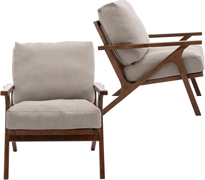 HNY Set of 2 Mid Century Accent Chair, Faux Leather Upholstered Armchair with Wood Frame and Canvas Cushions, Leisure Reading Chair Slipper Chair for Living Room, Bedroom, Beige-Ruum Studio Home