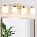 Stainless Steel Milk Glass Vanity Lights for Bathroom, 4 Light Gold Bathroom Light Fixtures Over Mirror, Ceramic E26 Sockets Wall Mounted-Ruum Studio Home