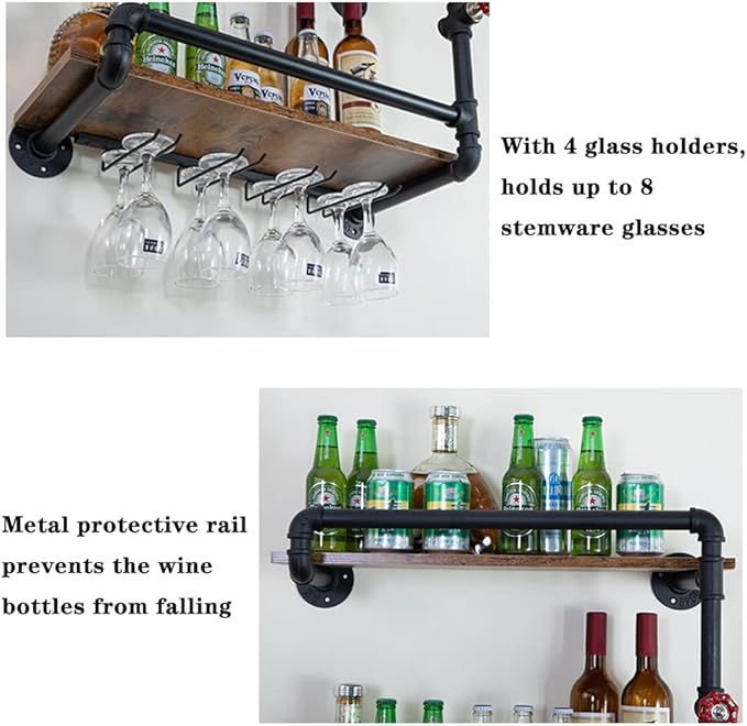 Wine Rack Wall Mounted 2 Tier, Hanging Floating Small Mini Bar Liquor Shelves with Glass Holder Storage Under, Industrial Rustic Pipe Farmhouse Kitchen Decor Black(23.6x10.6x19.7)-Ruum Studio Home