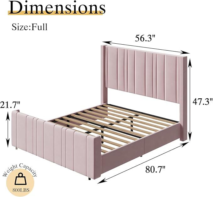 HOMBCK Pink Full Size Bed Frame Upholstered Bed with Velvet Tufted Headboard & Footboard, Mattress Foundation/Wooden Slats/Noise Free/No Box Spring Needed/Easy Assembly-Ruum Studio Home
