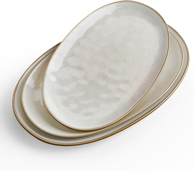 famiware Serving Platter, Oval 15.59/14.3/12.9 inch Serving Dishes for Entertaining, Serving Bowls, Microwave Safe, Stonware Serving Trays for Party, Turkey, Cheese, Ocean Series, Cappuccino White-Ruum Studio Home
