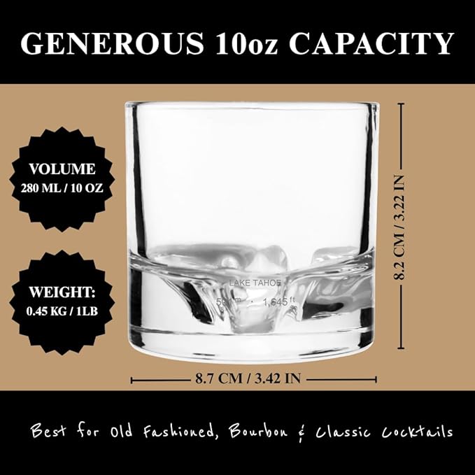 Lake Tahoe Heavy Crystal Whiskey Glasses Gift Set of 2, Thick Freezable Bourbon Glass 1lb Each, Premium Whiskey Gifts for Men, Frozen Crystal Chills Cocktails, 10 oz-Ruum Studio Home
