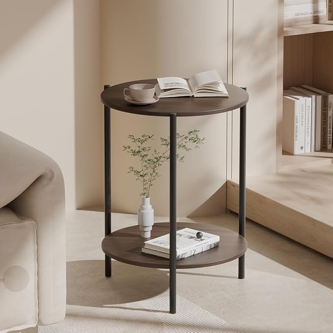Side Table, Round End Table with 2-Layer Storage Rack, 15.7" Small Spaces Circle Table, Metal Frame Design Small Side Tables, for Living Room, Bedroom, Vintage Wood-Ruum Studio Home