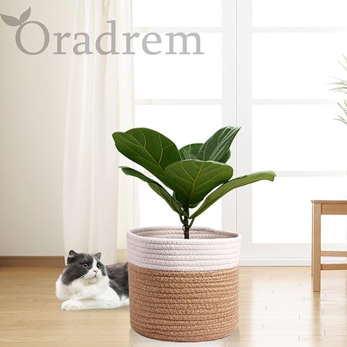 11" Cotton Rope Plant Basket Modern Woven Baskets for 10" Flower Pot Floor Indoor Planters,Storage Organizer Baskets Home Decor,Brown White 11"x 11"-Ruum Studio Home