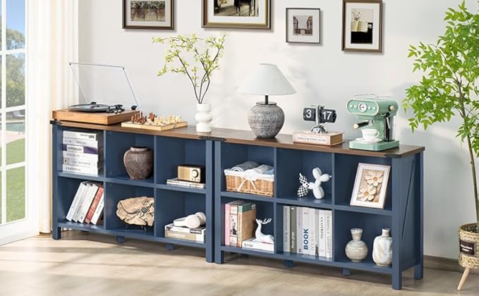 6 Cube Bookcase, Farmhouse Wood Low Storage Organizer Book Shelf, 47" Horizontal Navy Blue Console Bookshelf with Legs, Hallway Book Case for Entryway, Display Cabinet for Living Room, Office-Ruum Studio Home