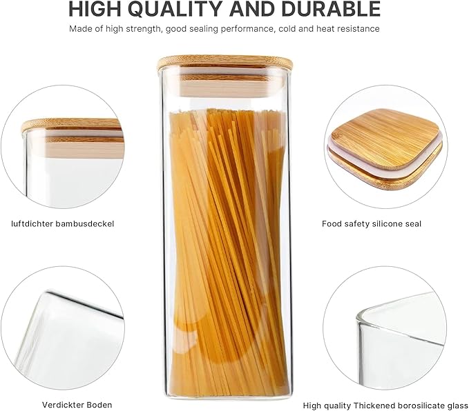 Glass Food Storage Jars 76 oz Set of 3,Glass Storage Containers Clear Glass Food Canister with Bamboo Lid Airtight For Serving Tea, Coffee, Flour, Sugar, Candy, Cookie, Spice and More (Square)-Ruum Studio Home