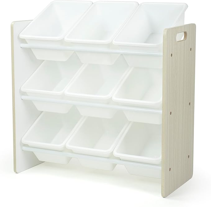 Humble Crew 9-Bin Toy Organizer – Hampton Sandwashed with White Plastic Bins, 3-Tier Storage Solution for Kids' Playrooms and Nurseries-Ruum Studio Home