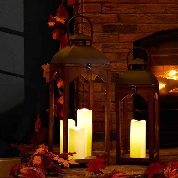 Glitzhome Set of 2 Mondern Farmhouse Wooden Lantern Hanging Decorative Candle Lanterns for Outdoor & Indoor Brown (No Glass)-Ruum Studio Home