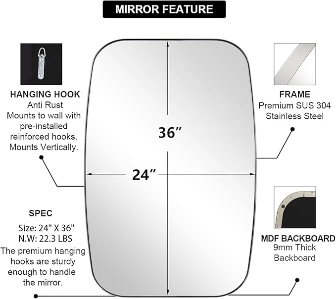 ANDY STAR Chrome Bathroom Mirror, 24x36 Inch Polished Chrome Oval Mirror for Bathroom with Stainless Steel Metal Frame, Oblong Mirror for Living Room, Entryway-Ruum Studio Home