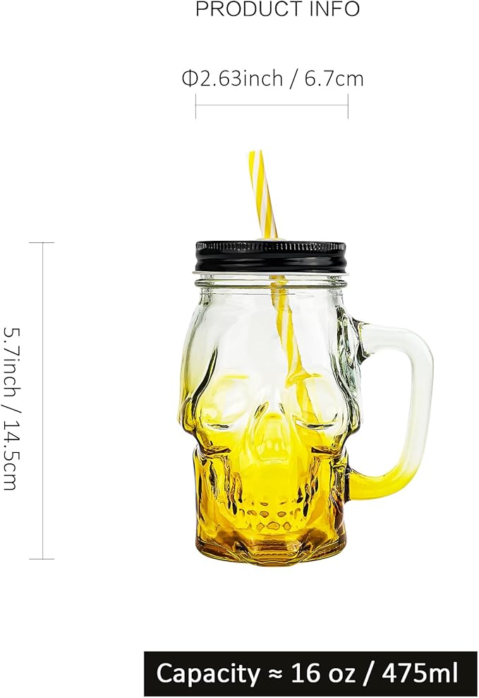 Halloween Cups Set of 4 - Yellow Skull Glass Drinking Jar with Lids and Straws - Halloween Decor, Drinking Glasses 16 oz-Ruum Studio Home