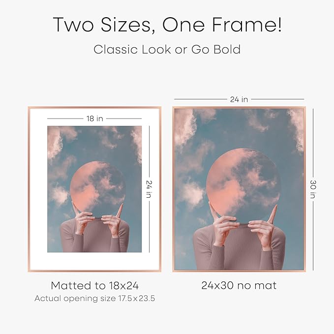 Homeforia 24x30 Frame Rose Gold, High End Metal 24x30 Picture Frames with Mat 18x24 inch Photo, 24 x 30 Rose Gold Poster Frame Matted to 18 by 24, 30x24 Large Frame, Tempered Glass, Wall Kit, Set of 1-Ruum Studio Home