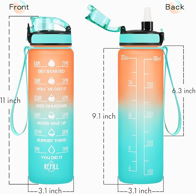 Enerbone Water Bottle, Leakproof BPA & Toxic Free, Motivational Water Bottle with Times to Drink and Straw, Fitness Sports Water Bottle with Strap for Office, Gym, Outdoor Sports-Ruum Studio Home