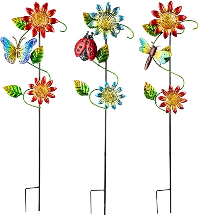 3 Pcs Sunflower＆Butterly＆Ladybug＆Dragonfly Decorative Garden Stakes,23.5 in Metal Sunflower Yard Art for Outside Decor,Spring Outdoor Decor for Mom,Women,Grandma-Ruum Studio Home