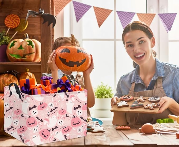HIYAGON Rectangular Halloween Basket for Boys and Girls Kids Trick or Treat Pumpkin Basket for Halloween Parties Cute Storage Bin Organizer Box Room Decor(Pink ghost pumpkin)-Ruum Studio Home