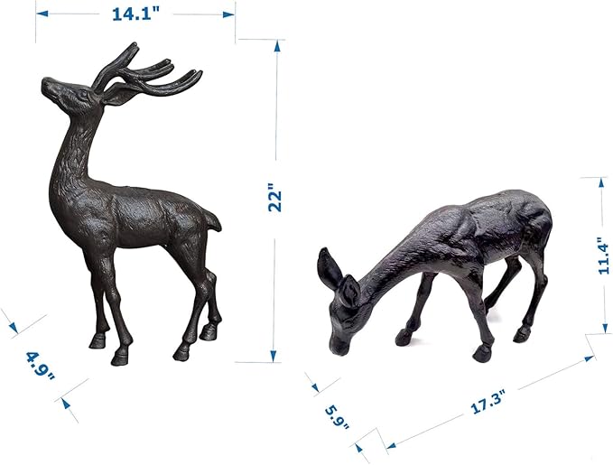 Elegant Pair of Cast Iron Deer Sculptures -22" and 11.4" Tall Male and Female Set for Outdoor Garden Decor, Realistic Animal Statues HC3672-5691-Ruum Studio Home