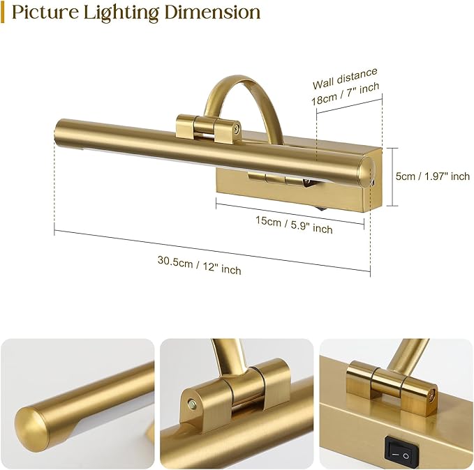 Wireless Picture Lights for Wall Rechargeable Brass Gallery Lights Battery Operated Art Lamps with Remote and Timer Dimmable Painting Lights for Artwork Portrait Display 12 Inch 2W 2700K-Ruum Studio Home