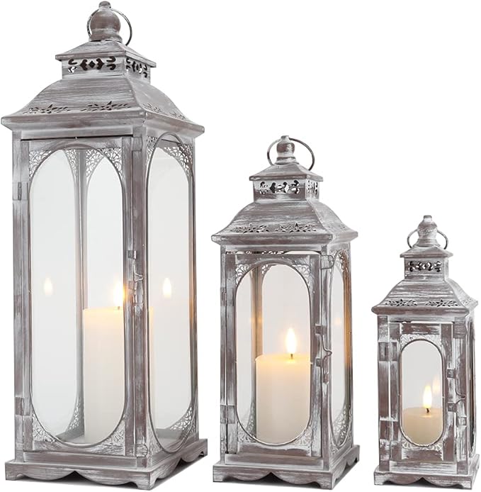 TRIROCKS Set of 3 Vintage Candle Lanterns 10/14/19.5''H Decorative Outdoor Lantern Metal Candle Holder with Tempered Glass for Home Living Room Garden Yard Parties Event Indoors Outdoors (Cement Grey)-Ruum Studio Home