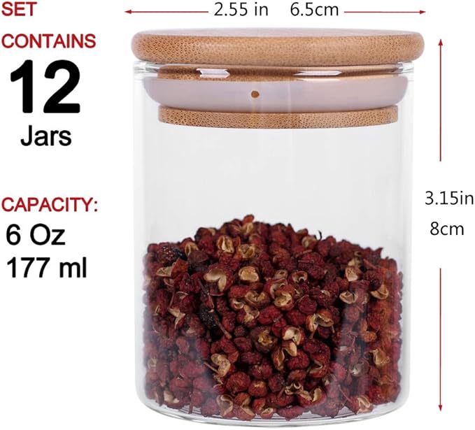 Glass Jars Set,Upgrade Spice Jars with Wood Airtight Lids and Labels, 6oz 12 Piece Small Food Storage Containers for Home Kitchen, Tea, Herbs, Sugar, Salt, Coffee, Flour, Herbs, Grains…-Ruum Studio Home