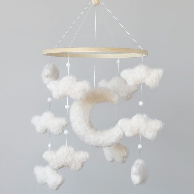 Boucle Cloud Moon Crib Mobile Boho Baby Mobile for Crib Neutral Nursery Mobile for Boys & Girls-Ruum Studio Home