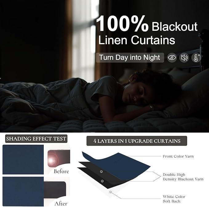 Navy Blue Curtains 90 Inches Long for Living Room Blackout 52 Inch Wide Curtains for Bedroom Window Floor Length Soft Fabric Polyester Linen Blend Noise Reduction Soundproof Nautical Curtain Dark Blue-Ruum Studio Home